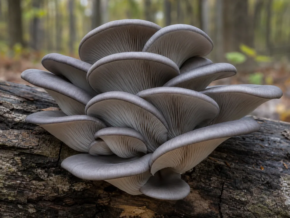 Overlapping gray oyster mushrooms growing on a hardwood log
