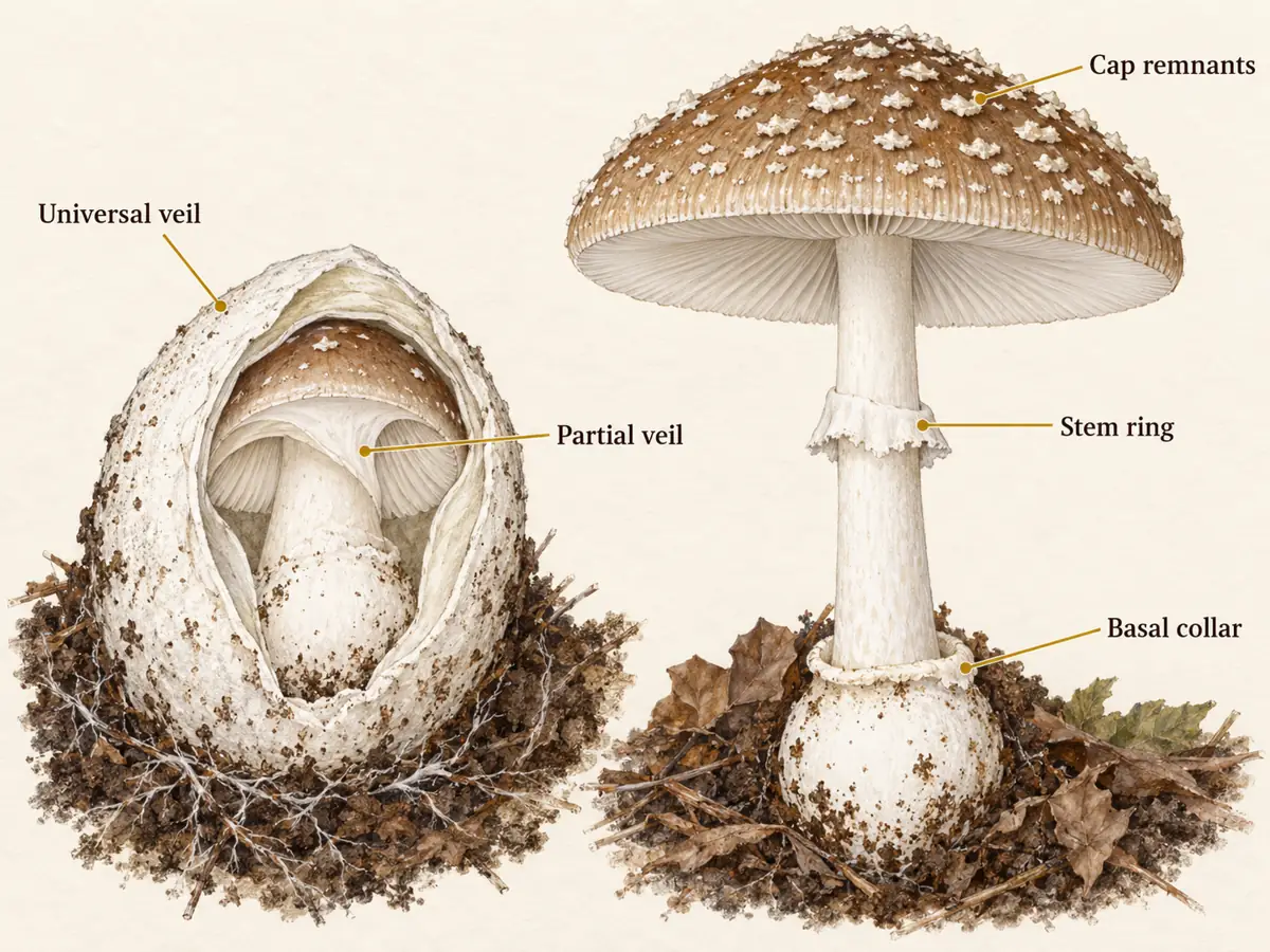 Cutaway of an enclosed Amanita button beside a mature Panther Cap, distinguishing universal-veil remnants from the partial-veil ring