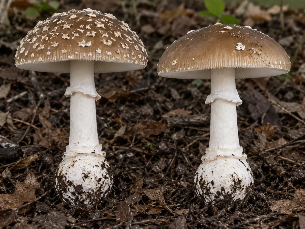 Two mature Panther Cap illustrations, one with cap warts and one largely bare, both showing swollen bases with collars