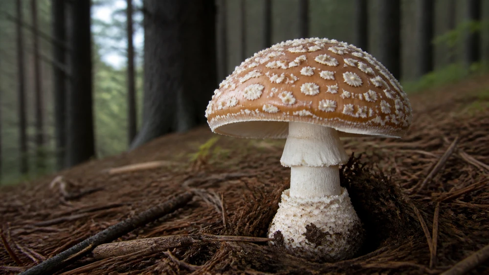 A brown panther cap mushroom scattered with white cottony warts, showing white gills and a collared bulb at the stem base