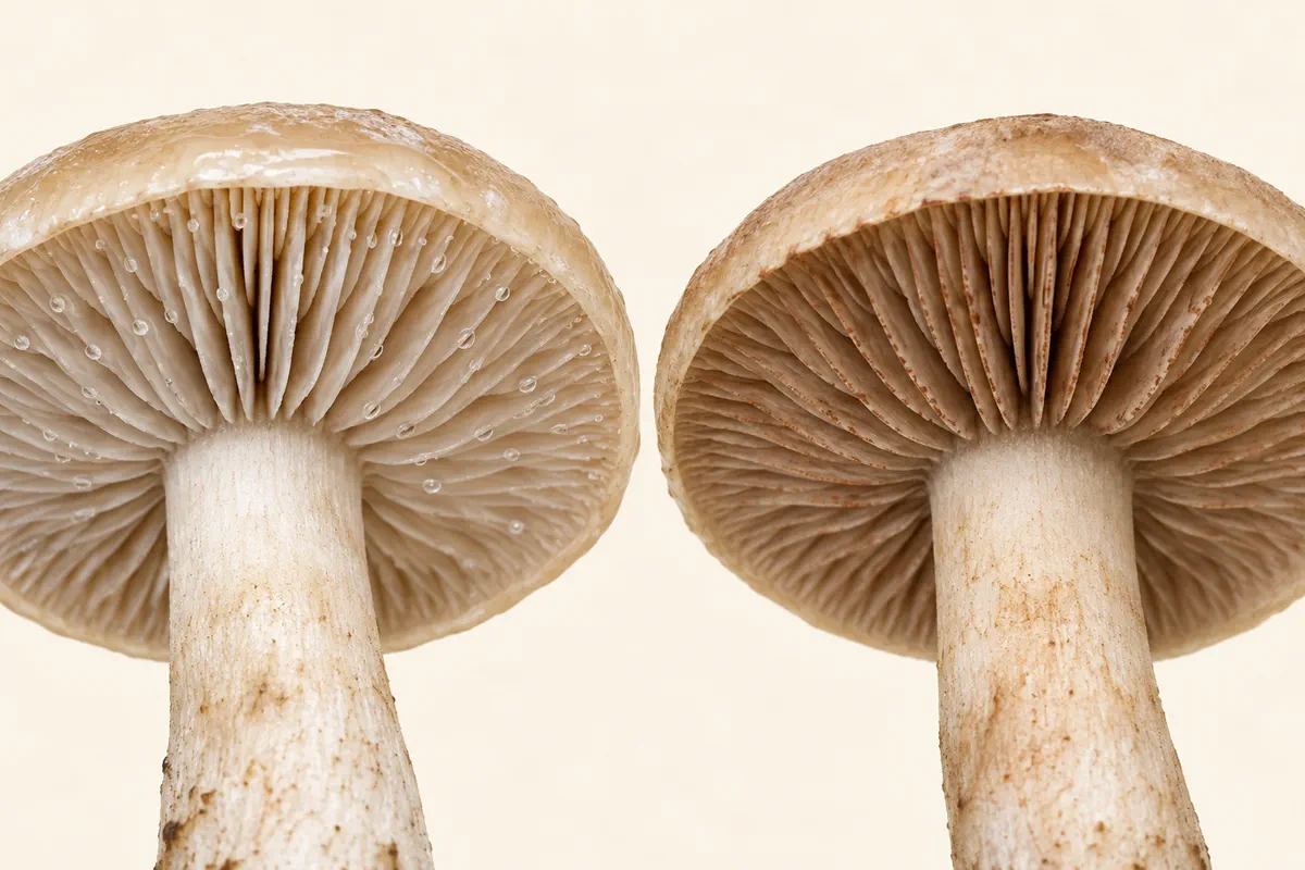 Pale gills with fresh droplets beside older gills carrying dry brown spots