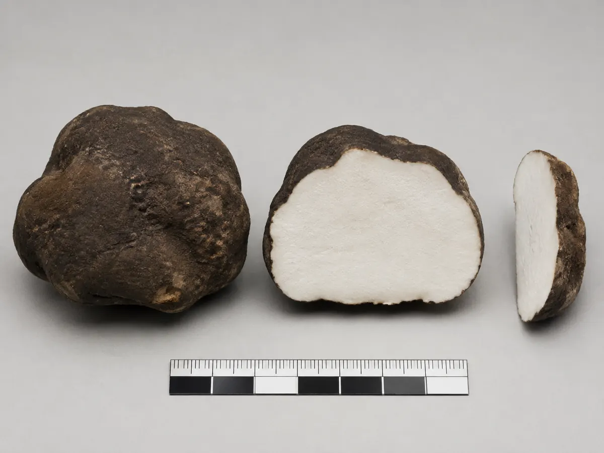 Intact poria sclerotium, clean white cut half, narrow cross-section, and metric scale