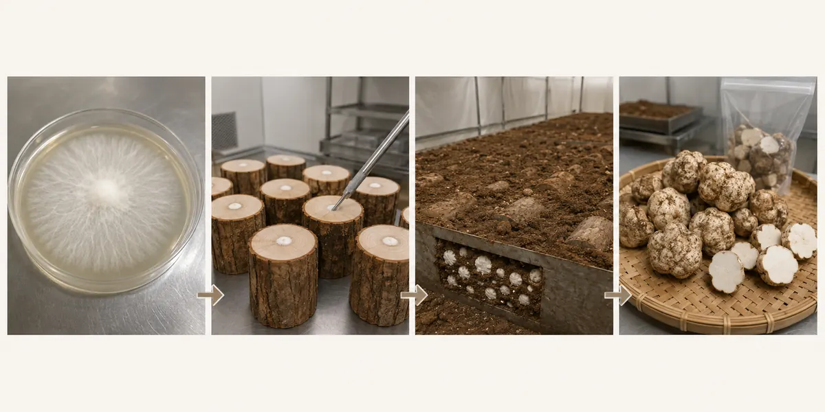 Four-stage poria production sequence from culture and pine blocks to a soil bed and harvested sclerotia