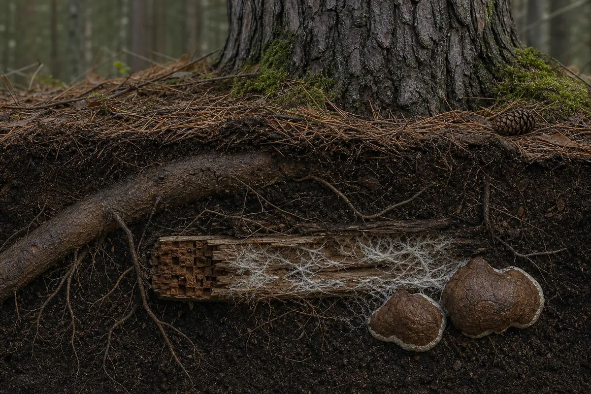 Soil cutaway with pine root, brown-rotted wood, white mycelium, and developing poria sclerotia