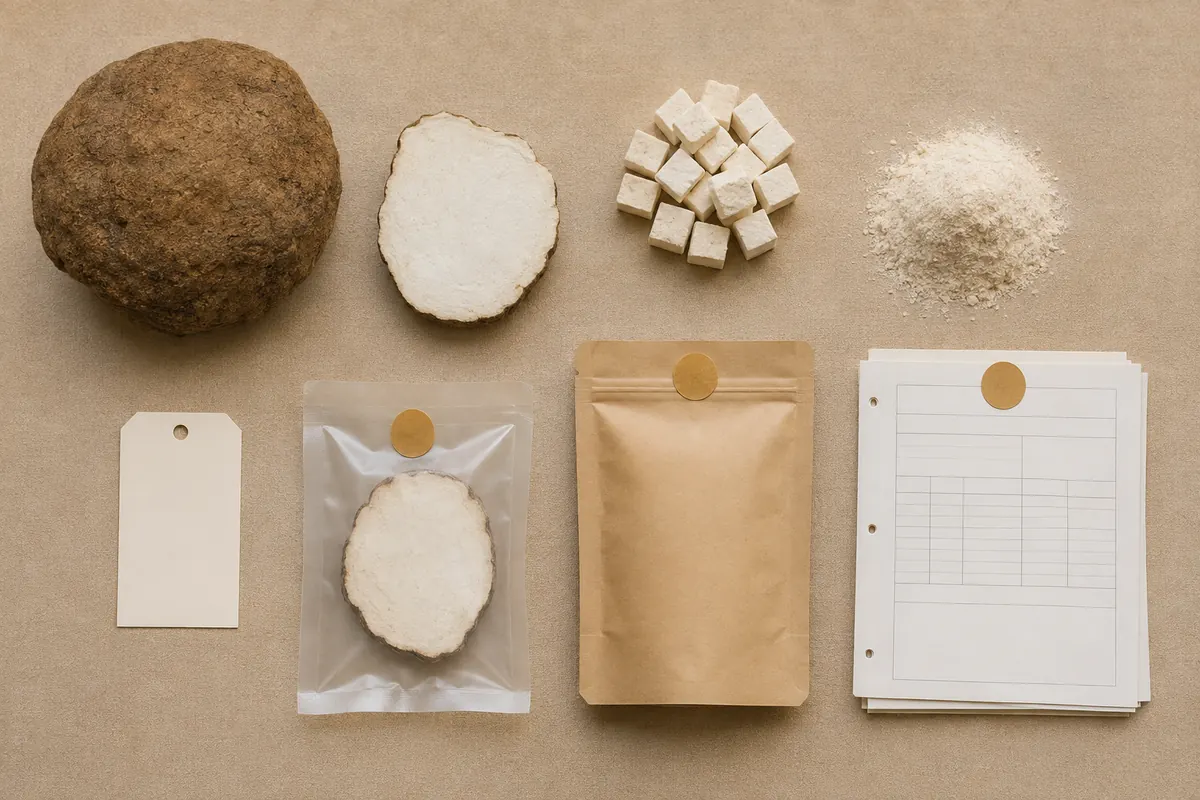 Whole poria, cut surface, cubes, powder, retained sample, pouch, and matching lot documents