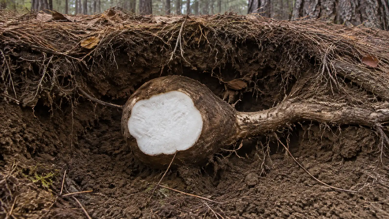 Whole poria sclerotium cut open to show its thin brown rind and dense white interior