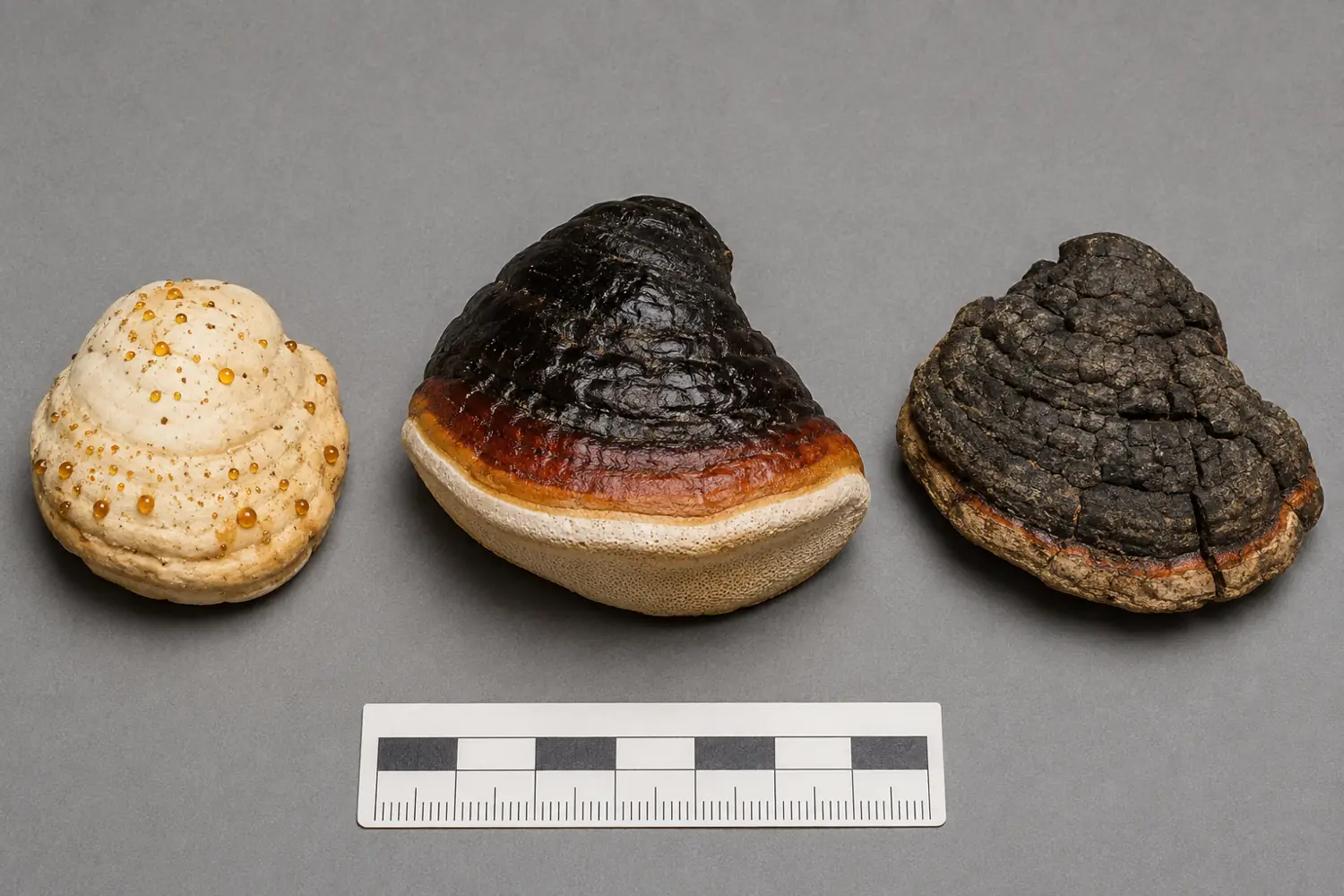 Young, mature, and weathered red-belted conk brackets shown at the same scale