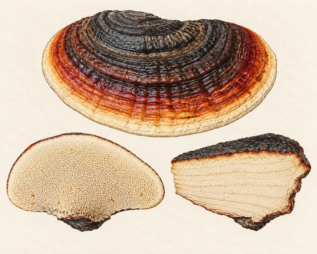 Illustrative top, pore surface and vertical section of a red-belted conk