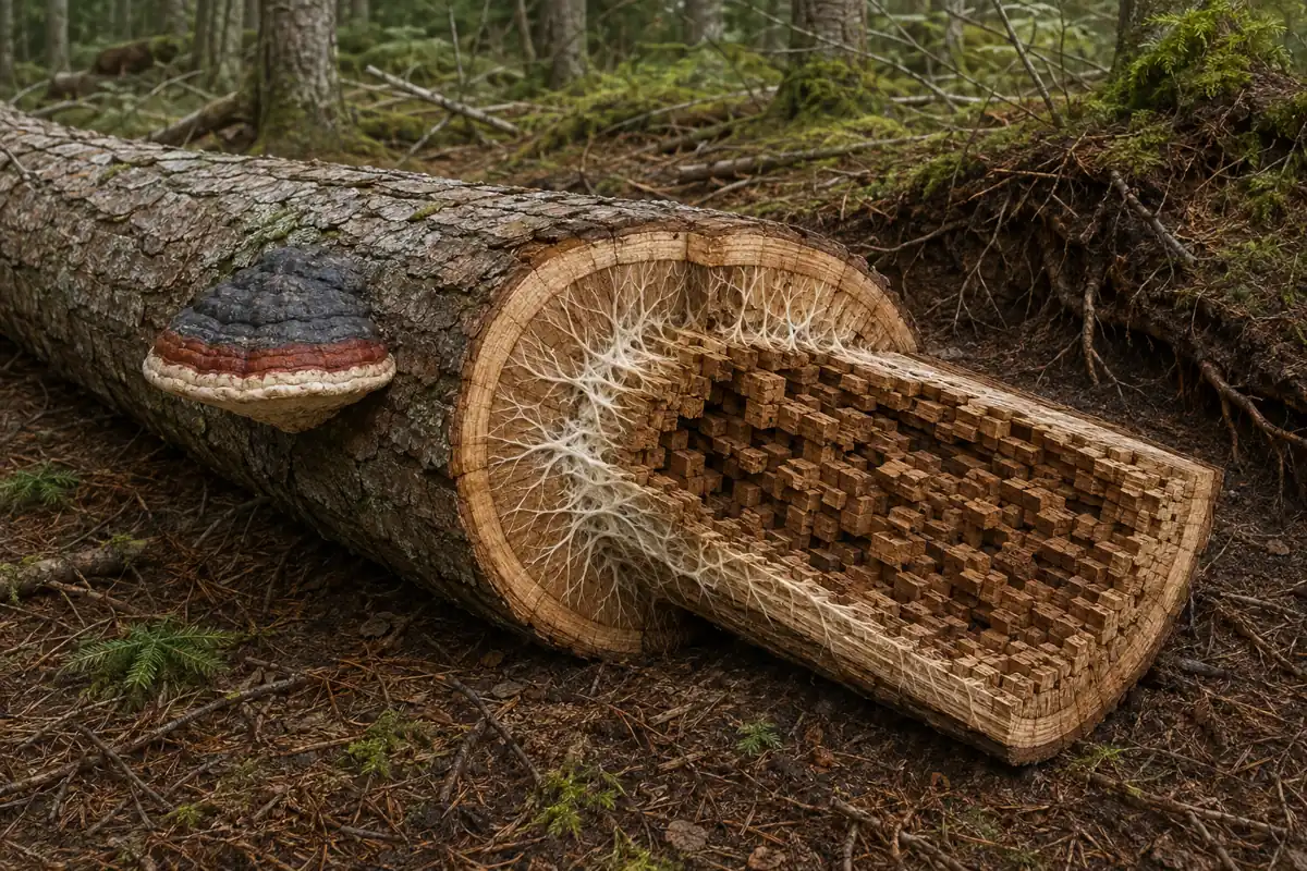 Red-belted conk on a fallen conifer with exposed mycelium and brown cubical decay