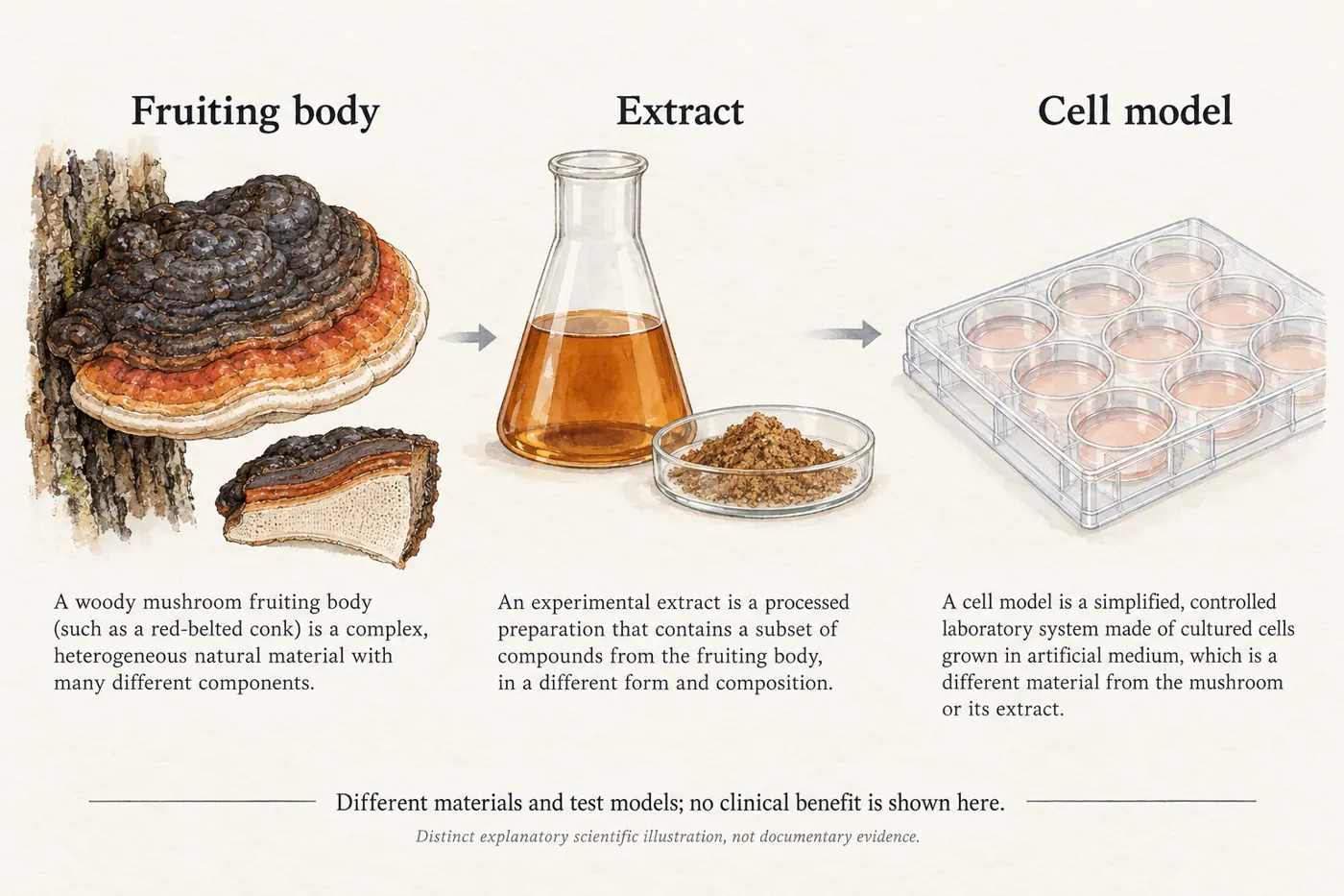 Illustrative conk tissue, extraction flask, dried extract and cell culture dish