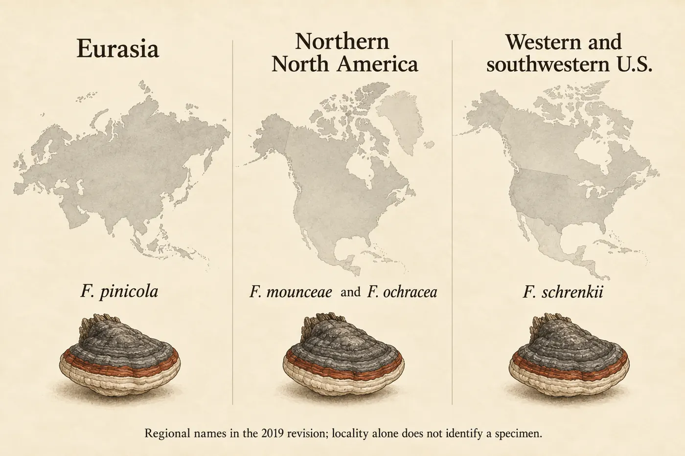 Conceptual geographic distinction between Eurasian and North American red-belted conk names