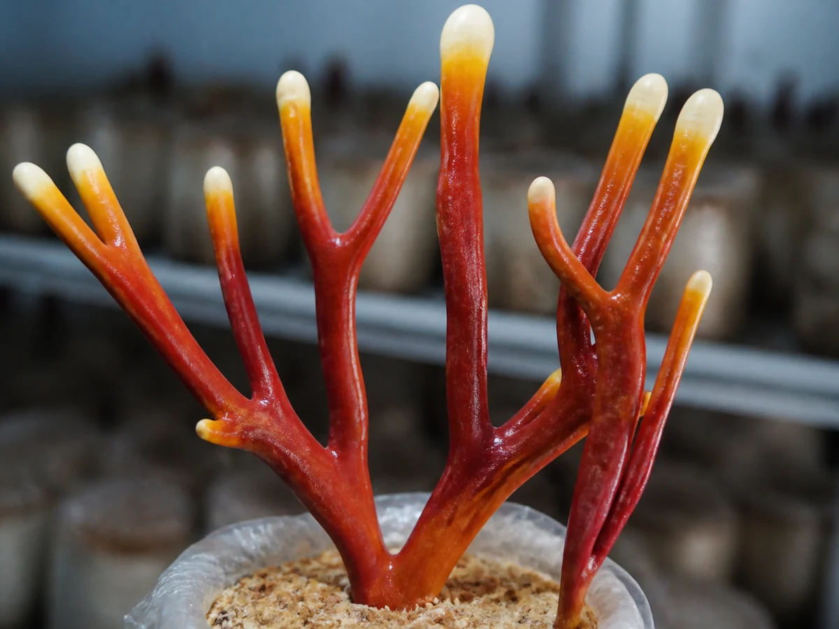 Branching antler form of cultivated reishi with slender red orange stalks and pale tips growing from a sawdust block