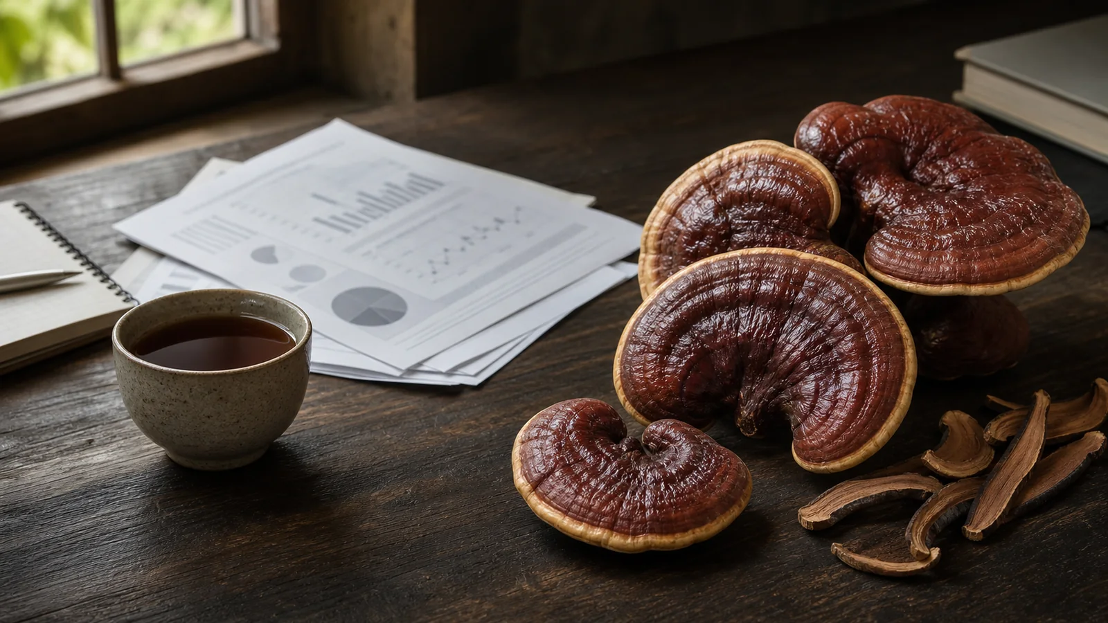 Varnished reishi mushrooms beside tea and research papers - Reishi benefits | KnowTheSpore