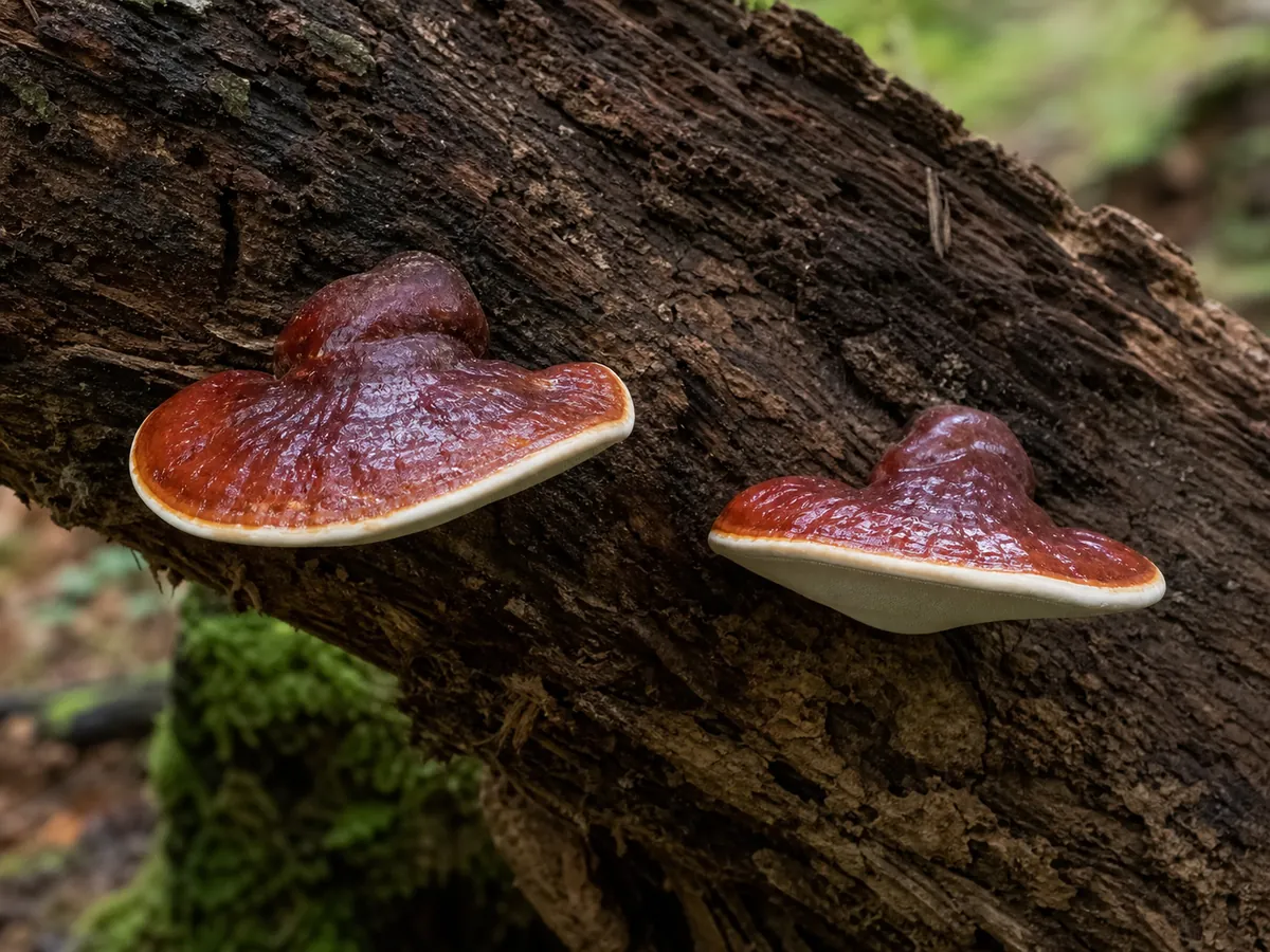 Reddish-brown reishi fruiting bodies with varnished caps growing from hardwood