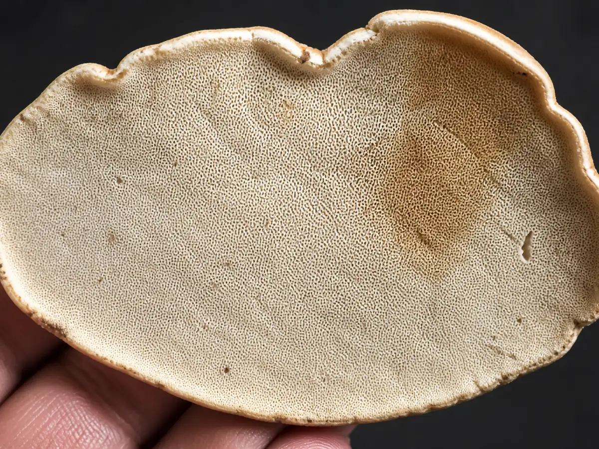Underside of a reishi bracket showing a flat creamy white pore surface with very fine pores and a dull brown bruise where it was touched