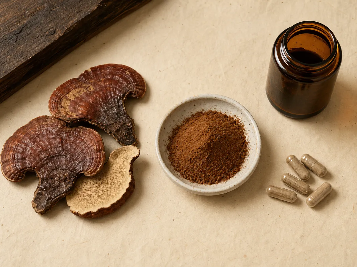 Dried reishi fruiting bodies beside brown extract powder and plain unbranded capsules