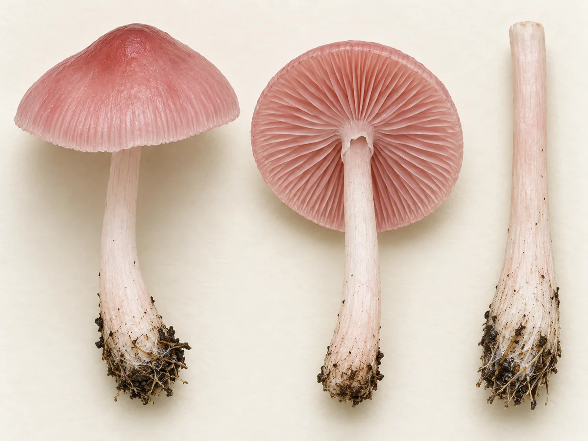 Rosy bonnet shown from above, below and at the widened fibrous stem base