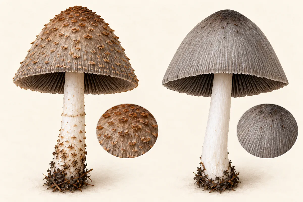 Scaly inkcap with persistent orange-brown cap scales beside a smoother gray common inkcap