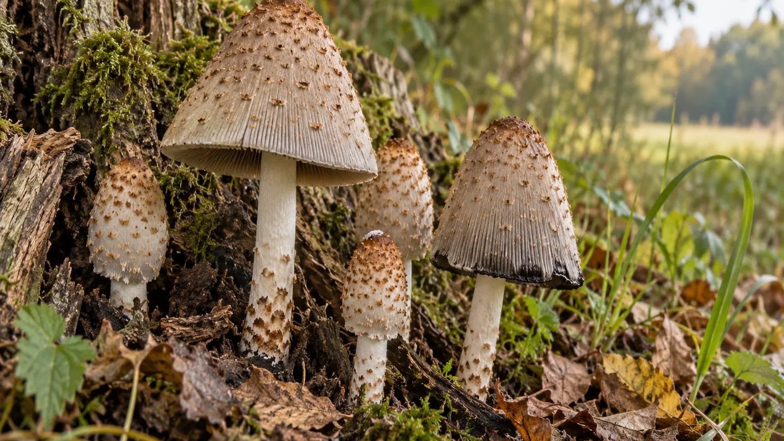 Scaly inkcap cluster with gray-brown caps, small brown scales and darkening gills growing from a stump