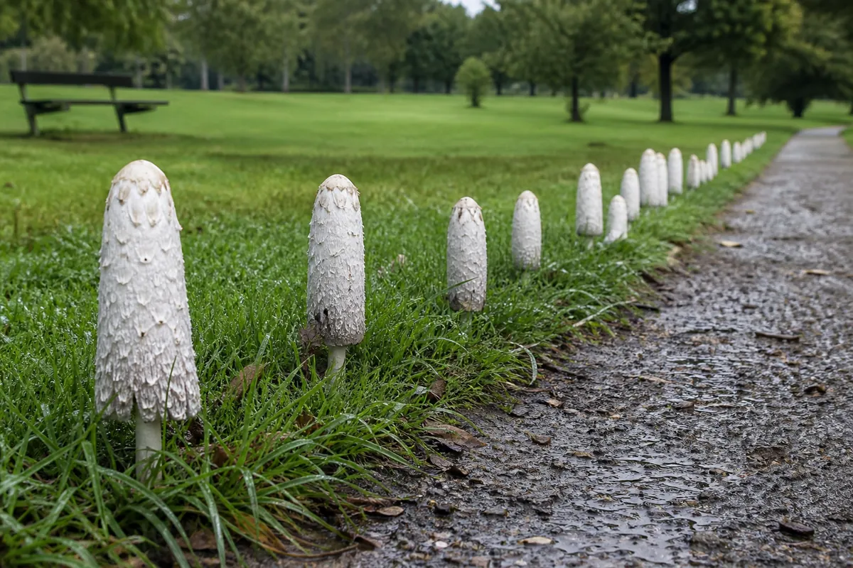 The gravel edge of a park footpath after rain with a long line of tall white shaggy manes coming up through the grass verge beside it and receding into the distance