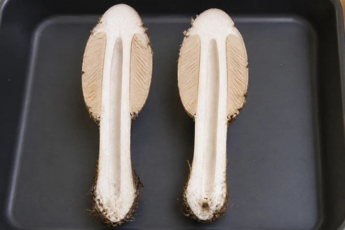 A young shaggy mane cut in half lengthwise showing solid white flesh, tightly packed pale gills and a clearly hollow stem