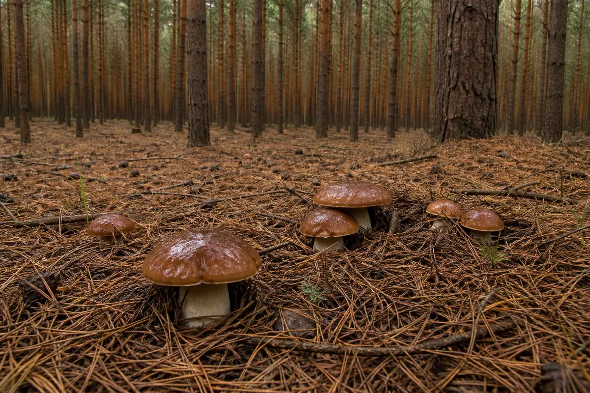 A pine plantation floor with straight evenly spaced trunks receding over a deep bed of brown needles