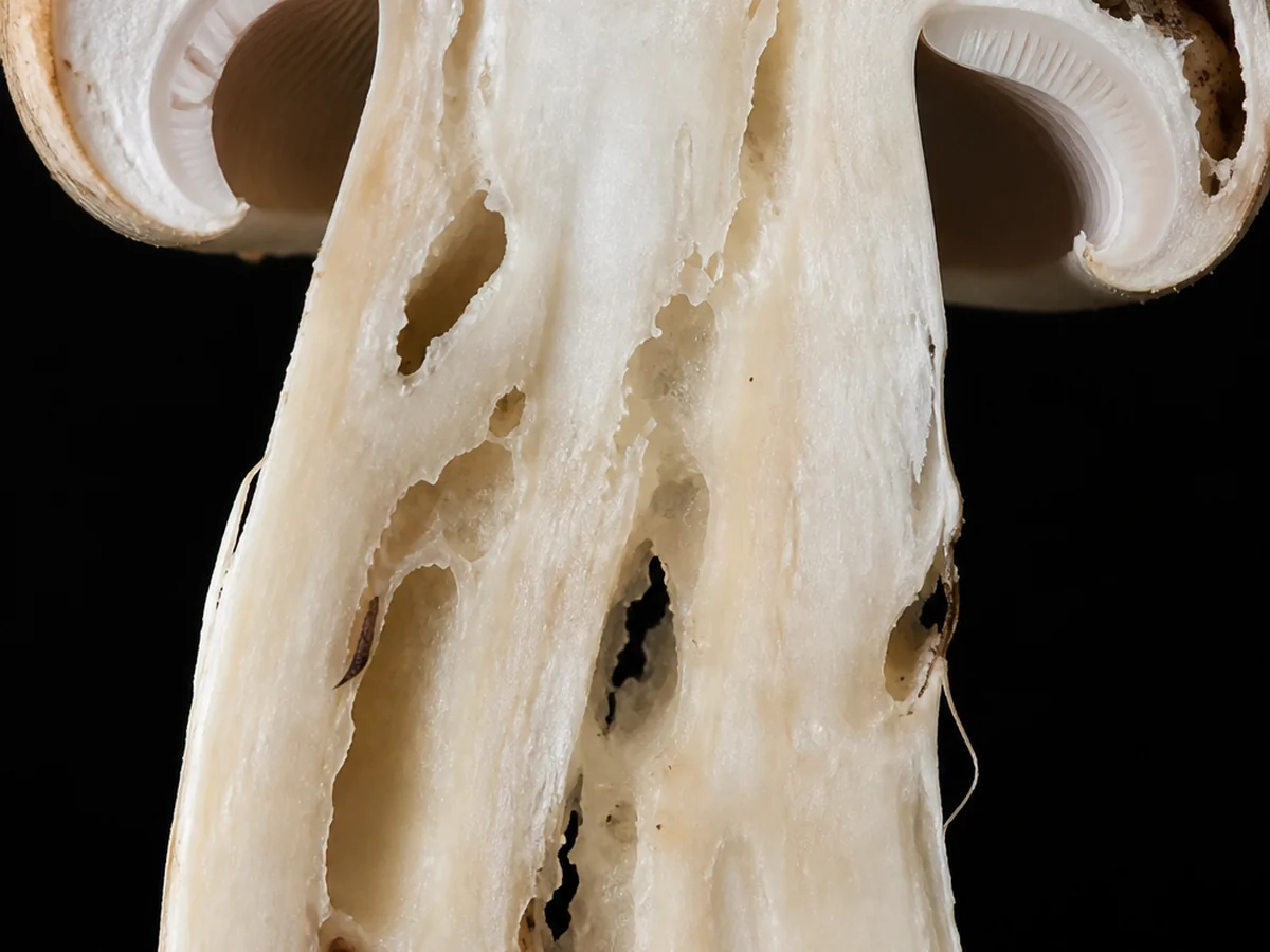 Extreme macro of a mushroom cut lengthwise showing small tunnels bored through the pale flesh of the stem and cap
