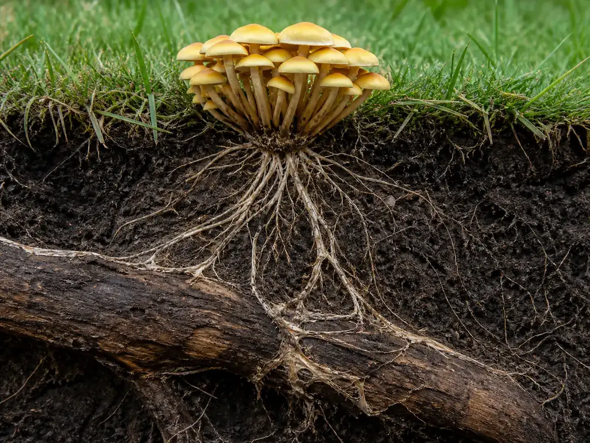 Sulphur tuft cluster in grass connected to a decaying buried root