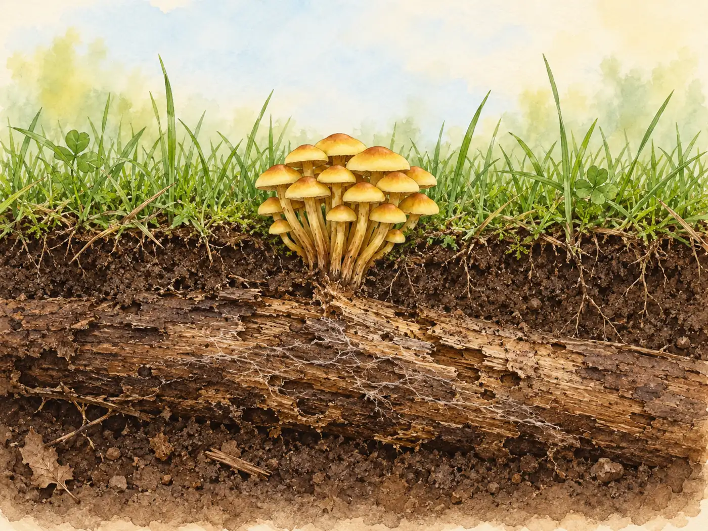 Illustrative soil cutaway with sulphur tuft stems emerging from buried decaying wood