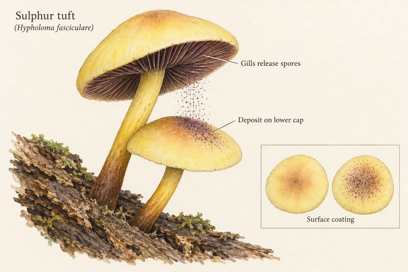 Illustrated overlapping sulphur tuft caps with dark spores falling onto a lower cap