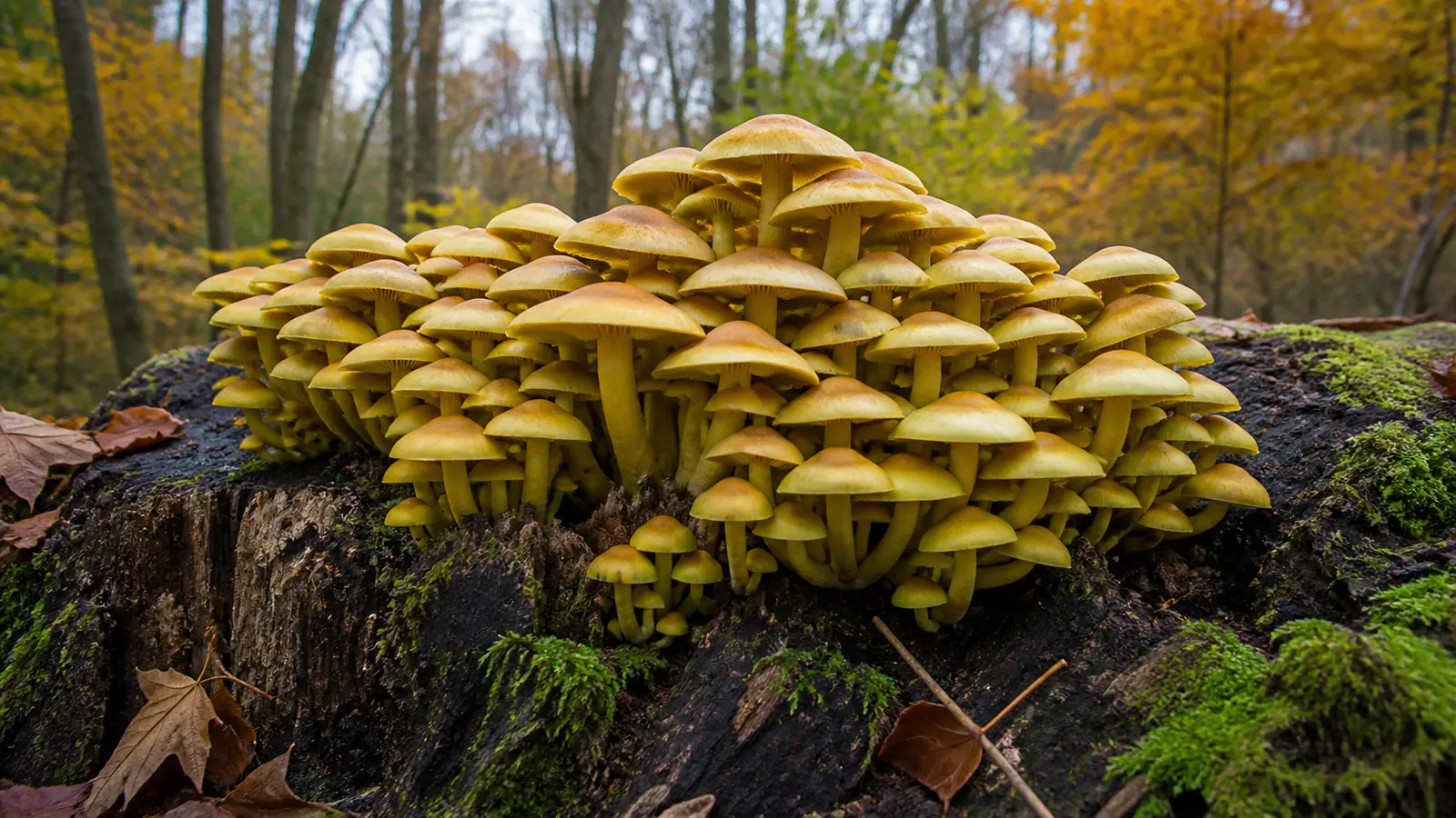 Dense sulphur tuft cluster with yellow caps and tan centers on a decaying stump