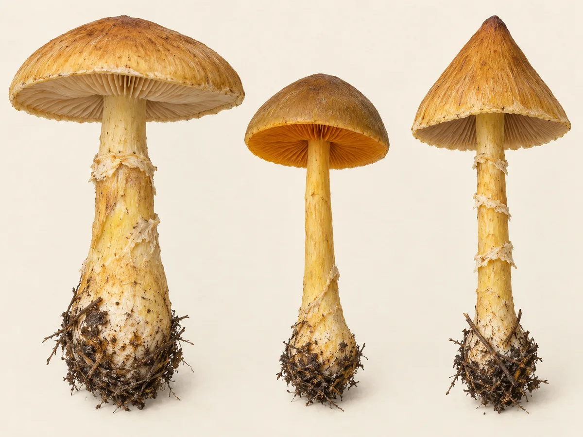 Three yellow-brown webcaps comparing rounded, cinnamon and sharply pointed cap forms