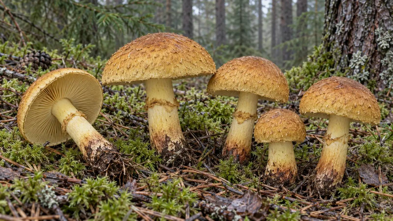 Tawny webcaps with dry yellow-brown caps and clubbed stems in conifer woodland
