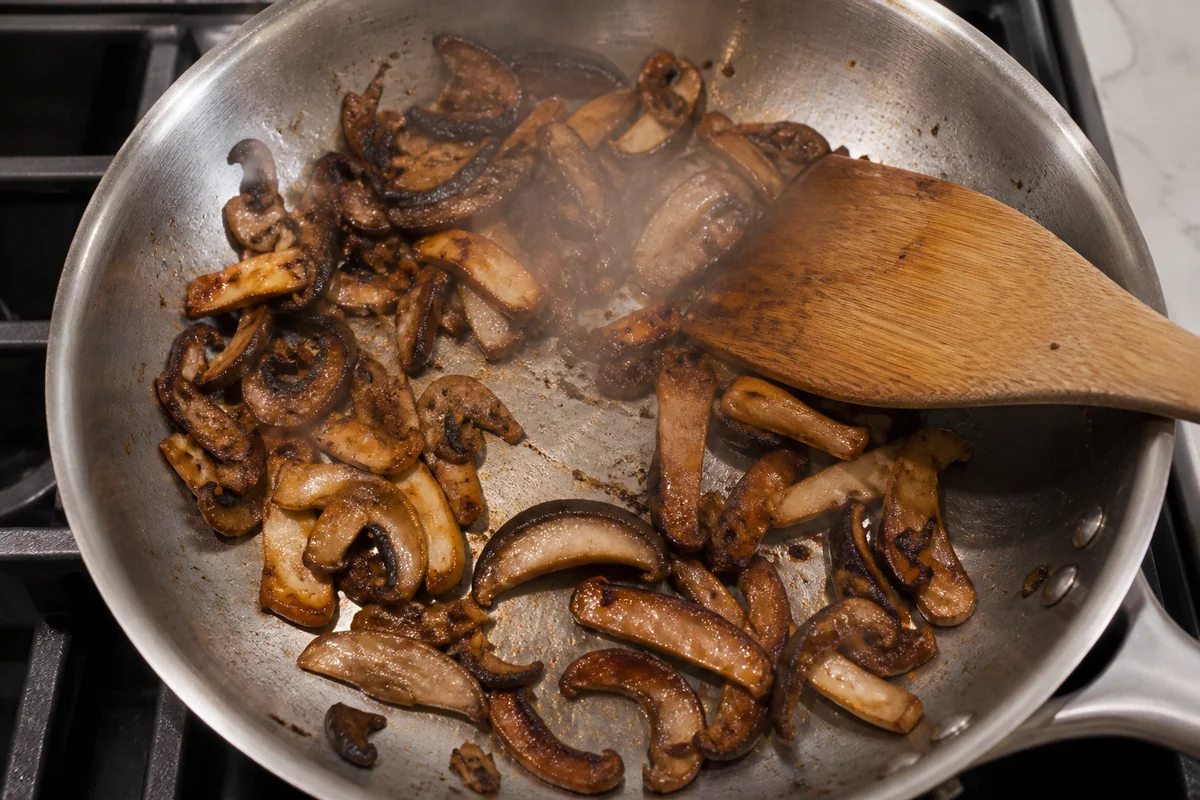 Sliced wild mushrooms frying in a stainless steel pan, browned through and steaming, turned with a wooden spatula