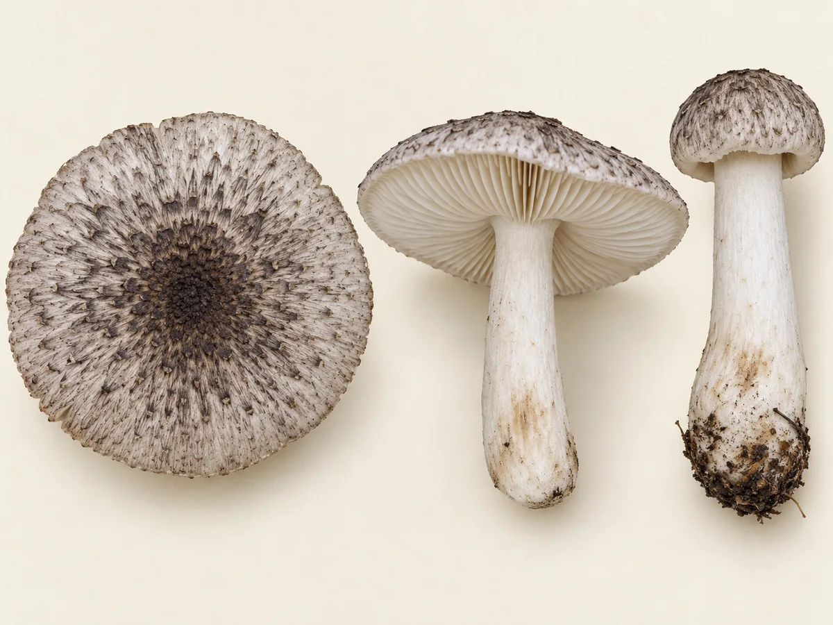 Tiger knight cap scales, notched pale gills and complete ringless white stem shown together