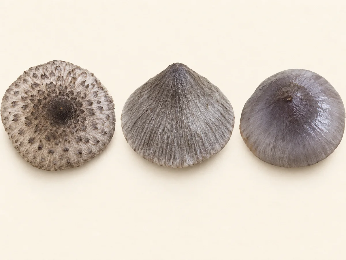Three gray knight cap surfaces comparing regular scales, pressed fibrils and a smooth moist sheen