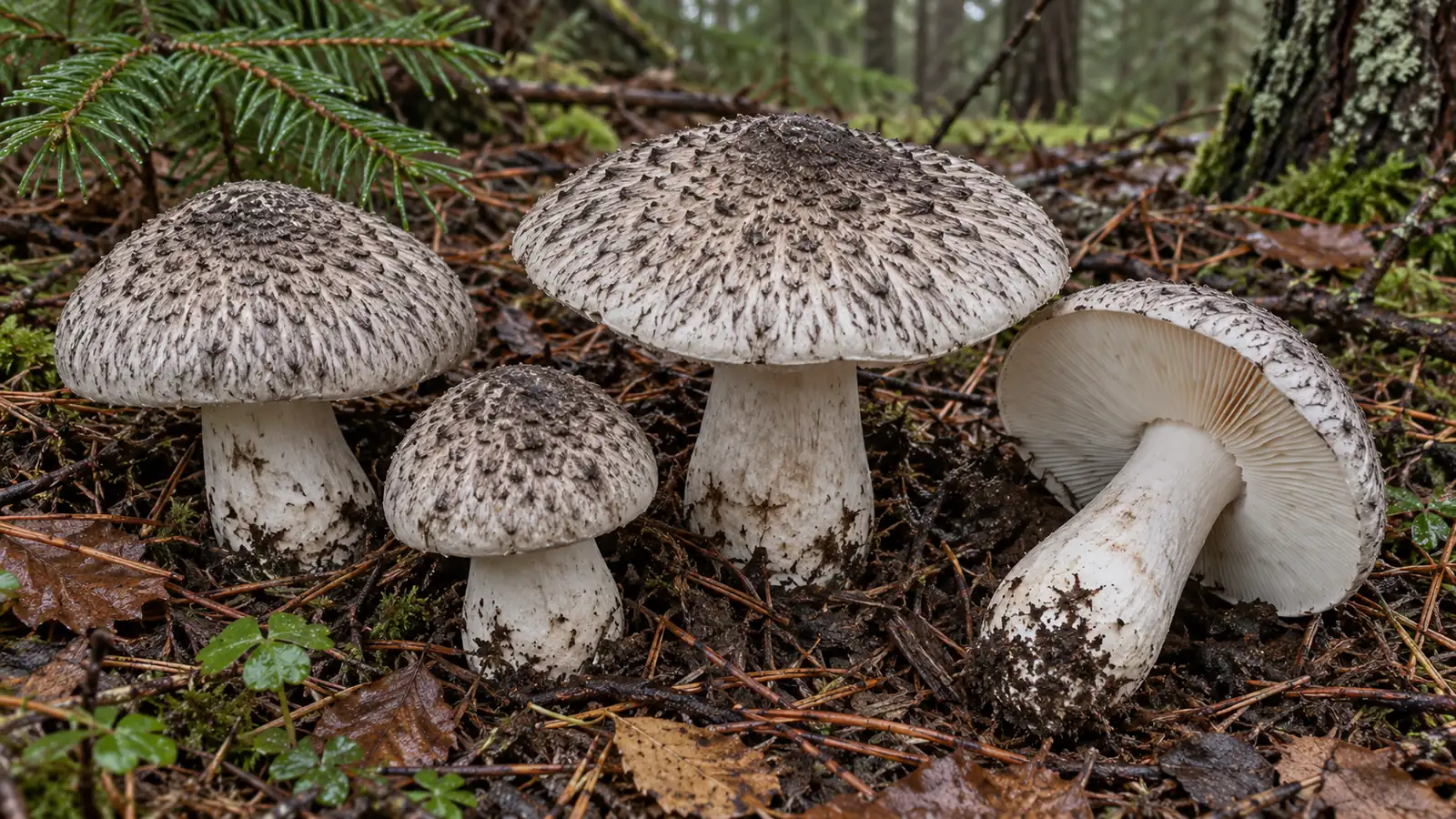 Robust tiger knight mushrooms with gray-brown scaled caps and white stems on a forest floor