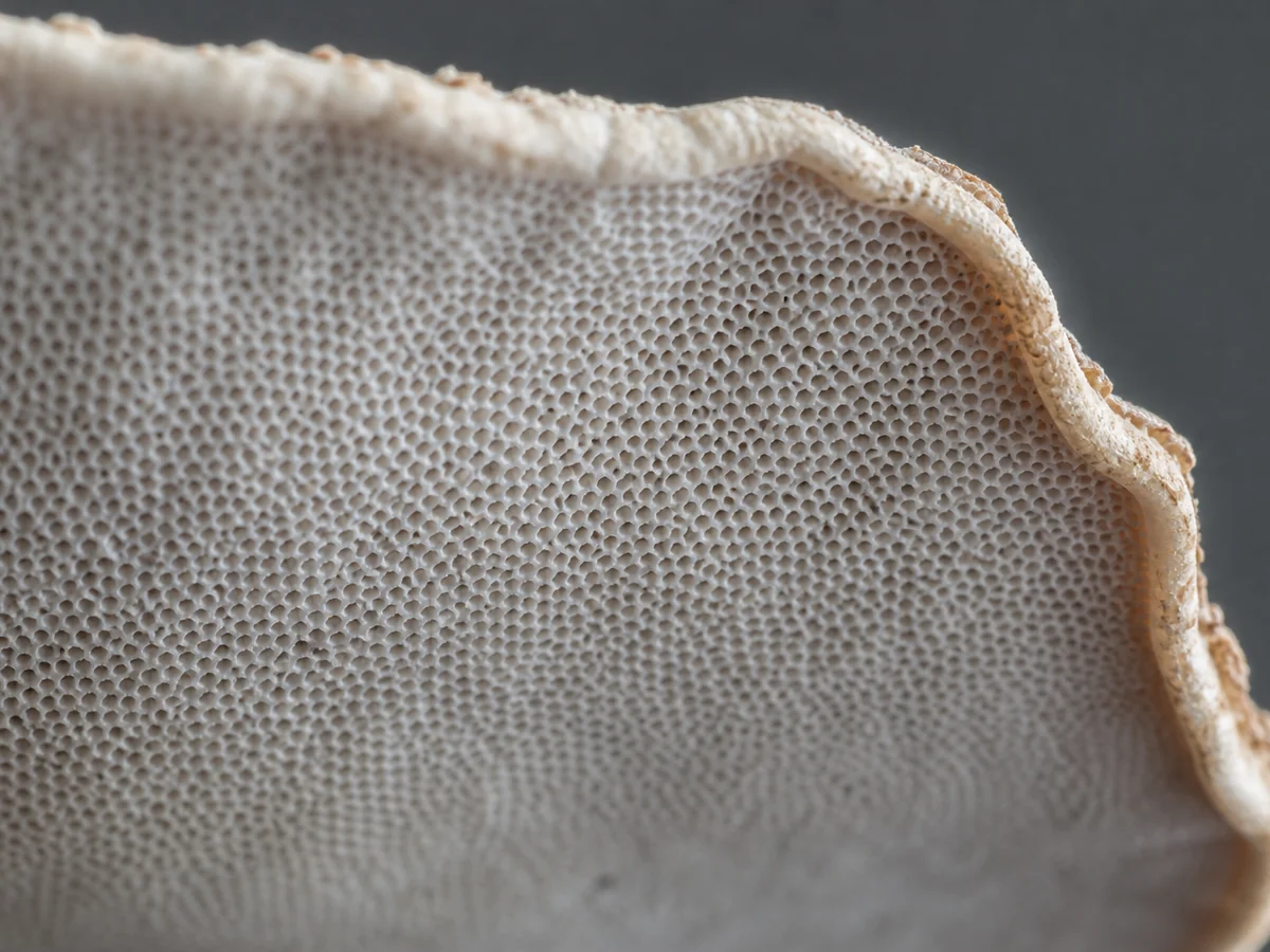 Extreme macro view of the white pore surface on the underside of a turkey tail bracket, showing dense tiny round pores