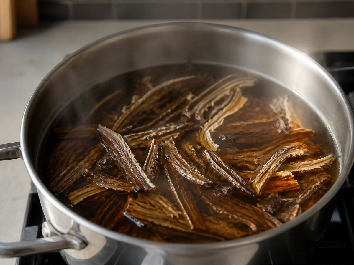 Dried turkey tail strips simmering in a stainless steel pot of dark amber liquid on a kitchen stove with steam rising