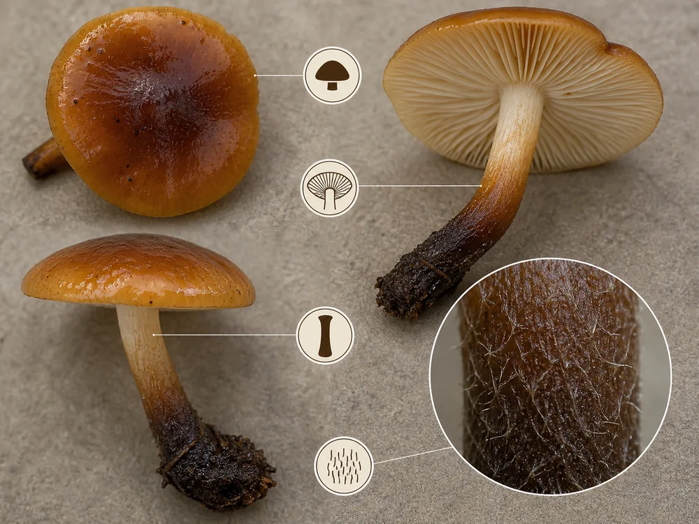 Velvet shank group cap, pale gills, complete ringless stem, and dark velvety base