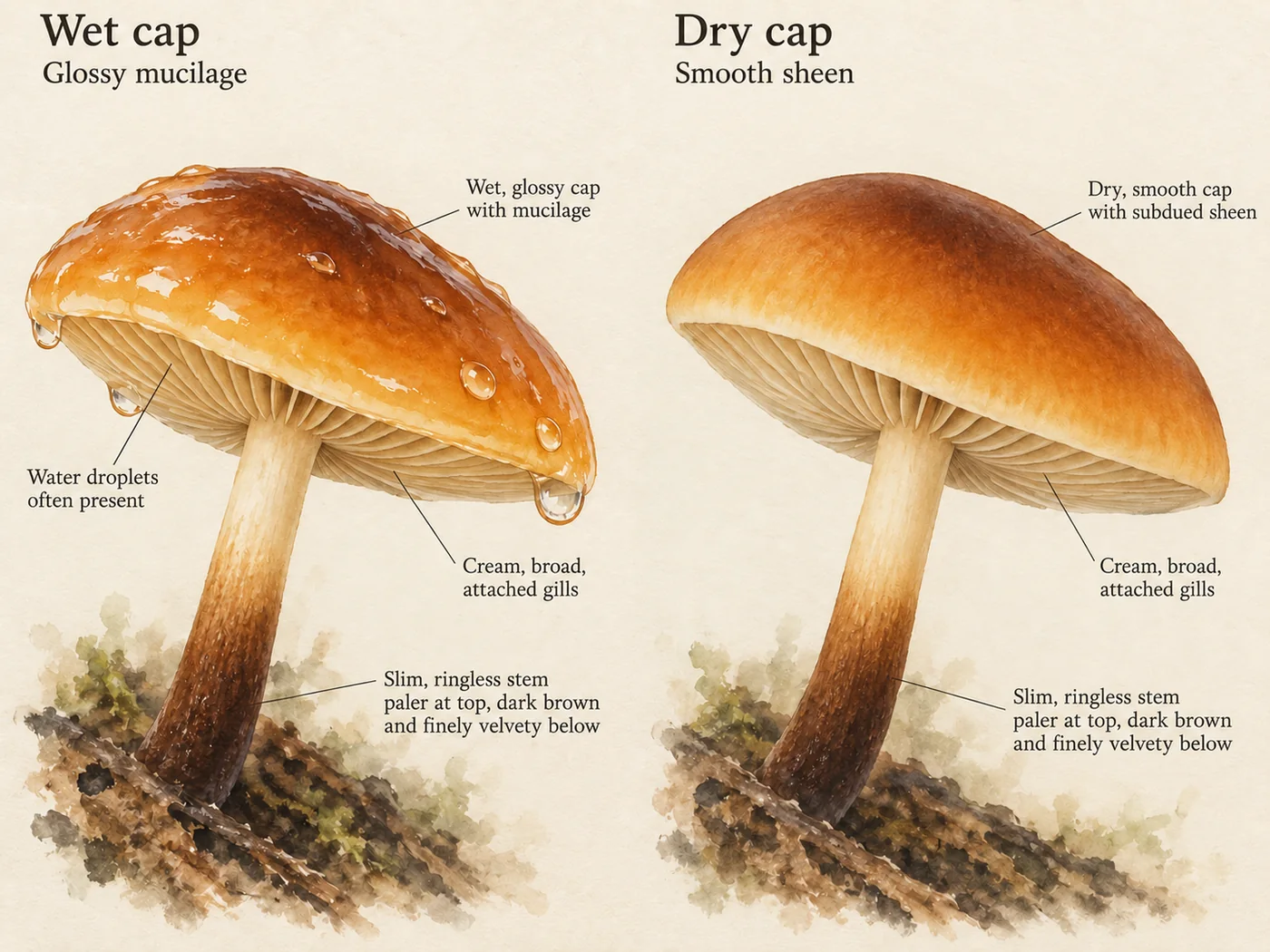 Generated comparison of a wet glossy velvet shank cap and a dry smooth cap with pale gills and dark lower stems