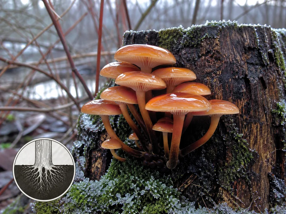 Velvet shank group cluster attached to a deciduous stump during a winter thaw