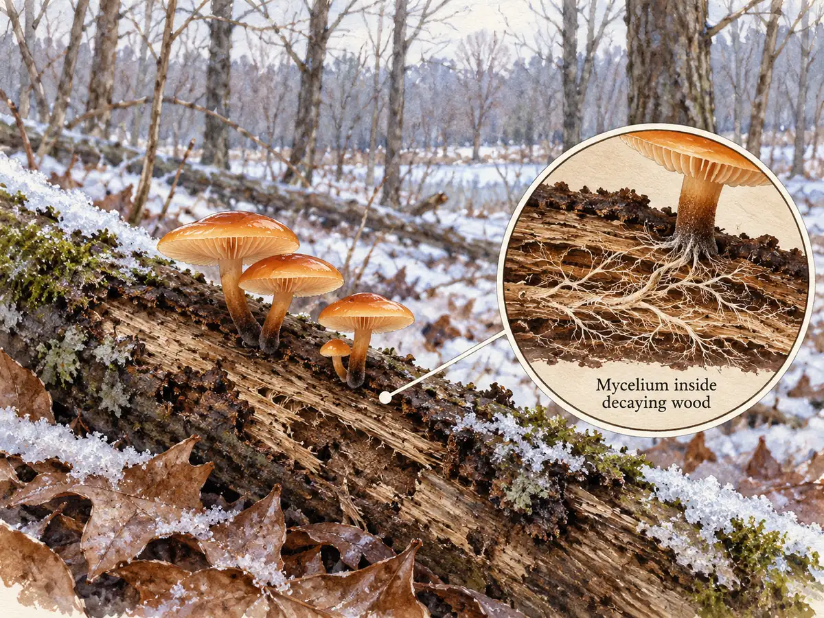 Wide winter woodland illustration with velvet shank on fallen hardwood and a cutaway of fine fungal threads in decaying wood