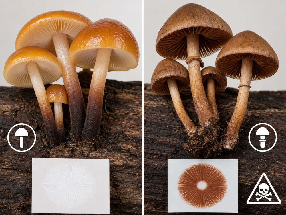 Velvet shank group and deadly Galerina with intact stems, gills, and separate spore deposits
