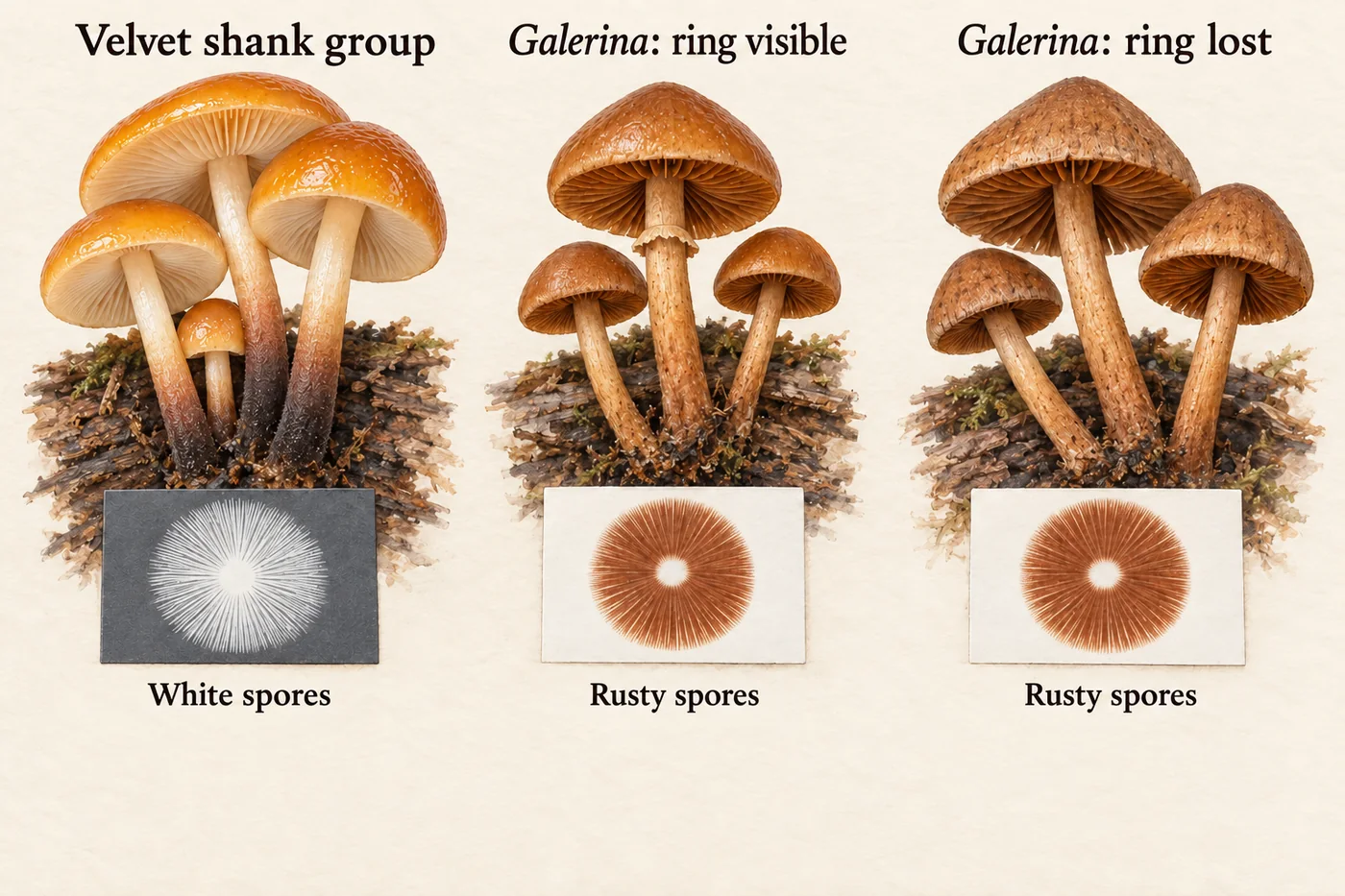 Velvet shank beside younger ringed and older ringless Galerina with separate white and rusty spore deposits