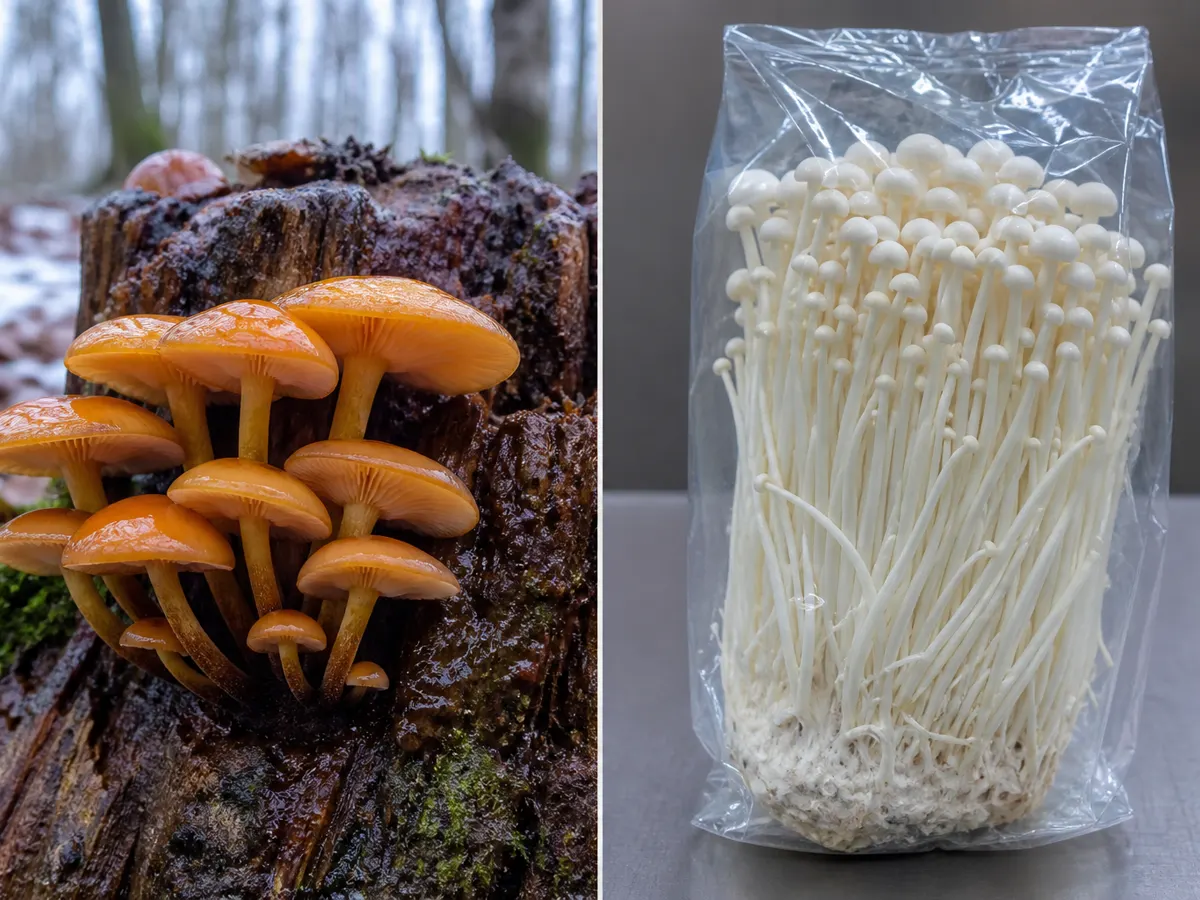 Wild Flammulina velutipes-group mushrooms on deciduous wood beside packaged Flammulina filiformis enoki
