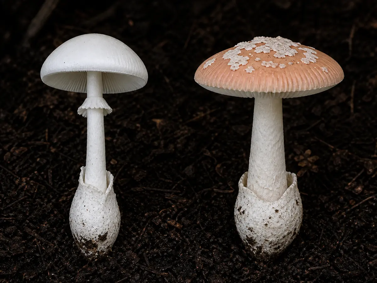 Western destroying angel beside springtime amanita with the cap margin, veil patch, stem ring, and volva visible
