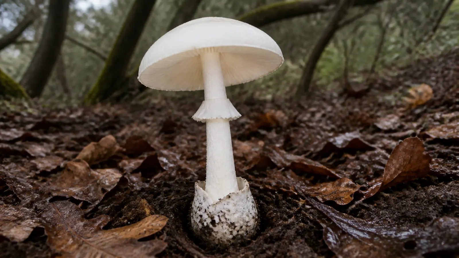 Western destroying angel with a white cap, free gills, fragile ring, and membranous volva in oak leaf litter