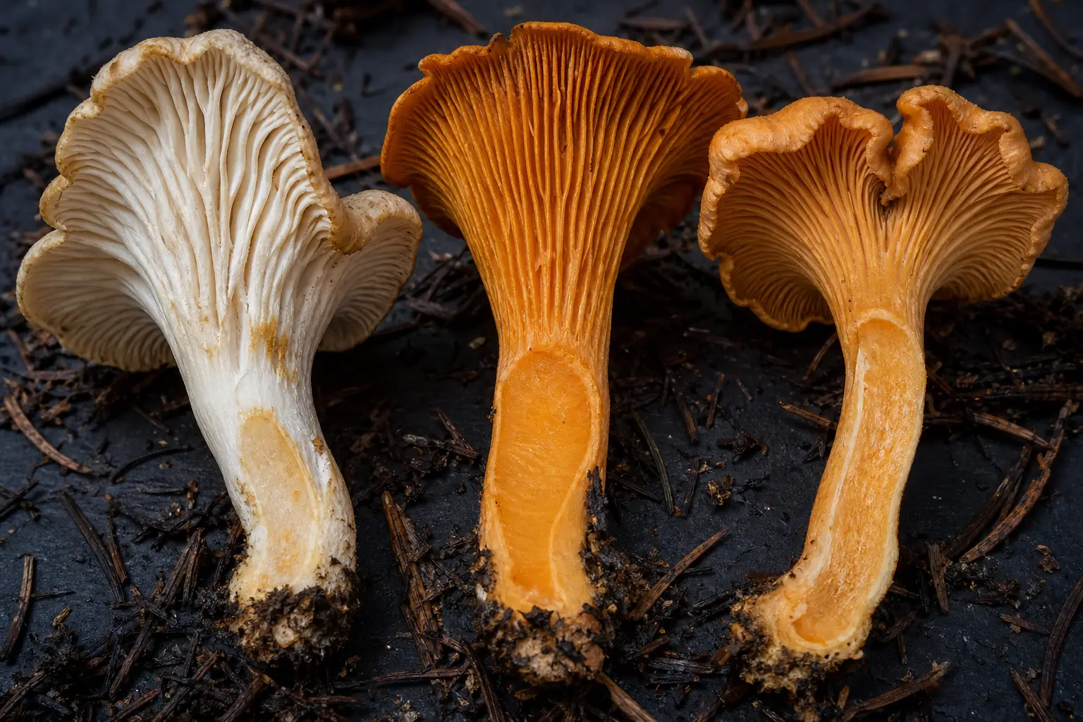 White chanterelle blunt ridges beside the sharp true gills of jack-o'-lantern and false chanterelle mushrooms