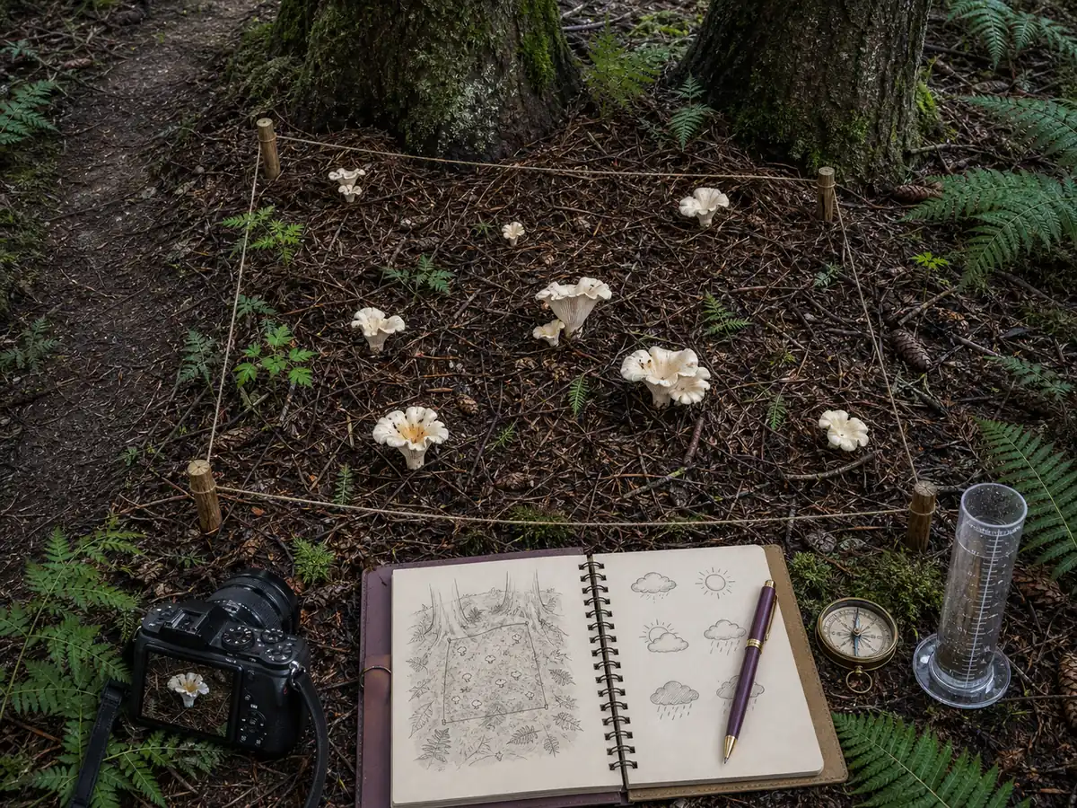 Defined white chanterelle observation plot beneath conifers with mushrooms, camera, notebook, compass, and rain gauge
